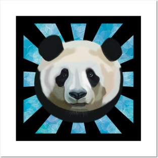 Striking Panda bear on Blue Bubble patterned rays Posters and Art